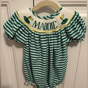 “MADDIE” personalized baby girl smocked bubble - golf themed - size 9 months